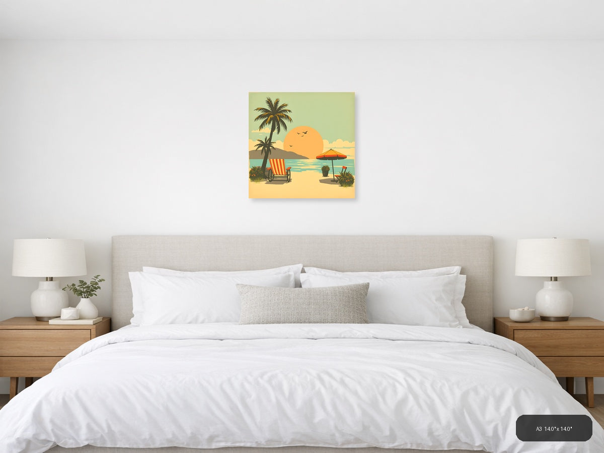 Vintage Beach Sunset Palm Tree Scene Wall Art — A3 / Bedroom