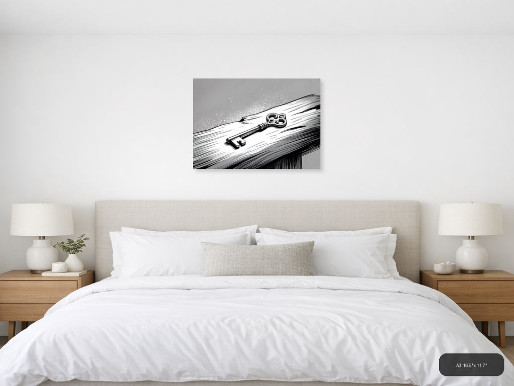 Ornate Key on Wood Line Art Wall Art — A3 / Bedroom