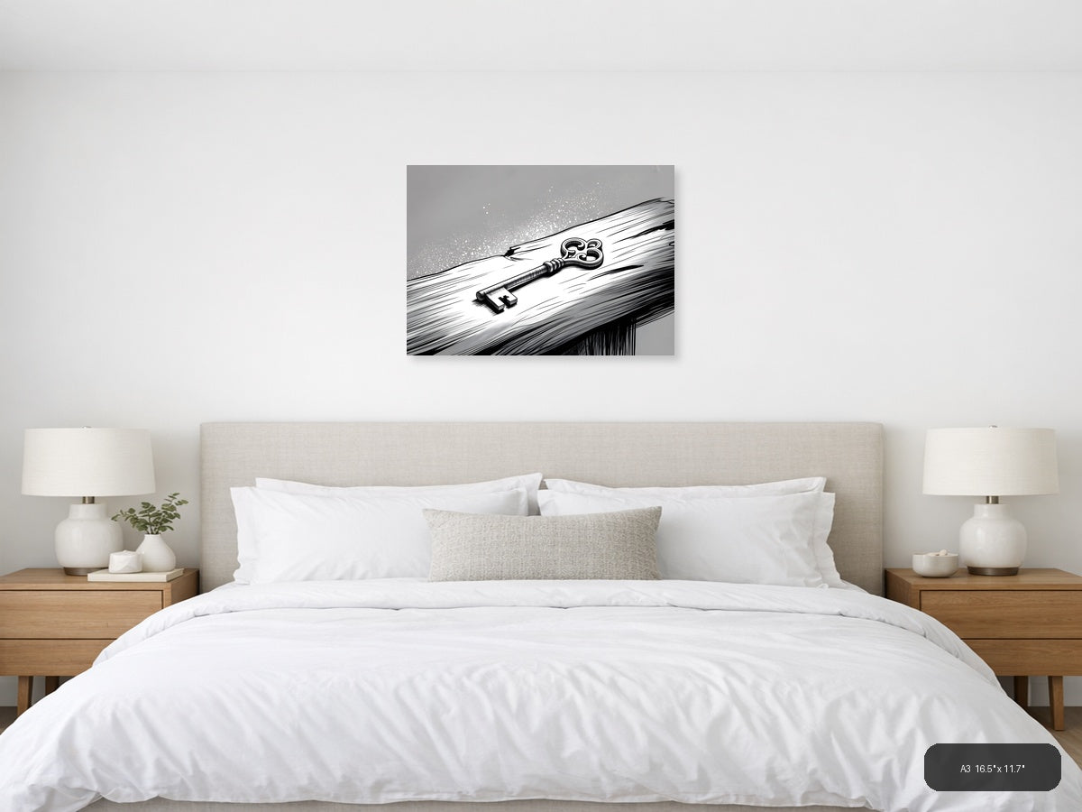 Ornate Key on Wood Line Art Wall Art — A3 / Bedroom
