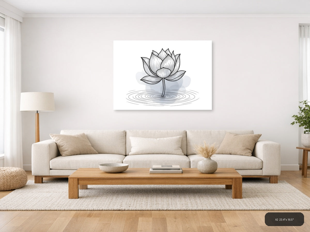 Lotus Flower Line Art with Ripple Water Effect Wall Art — A2 / Living Room