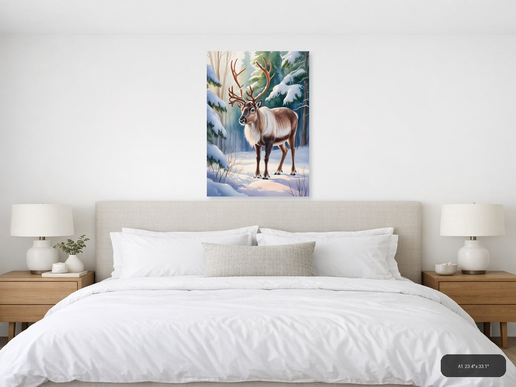 Winter Reindeer in Snowy Forest Watercolor Wall Art — A1 / Bedroom