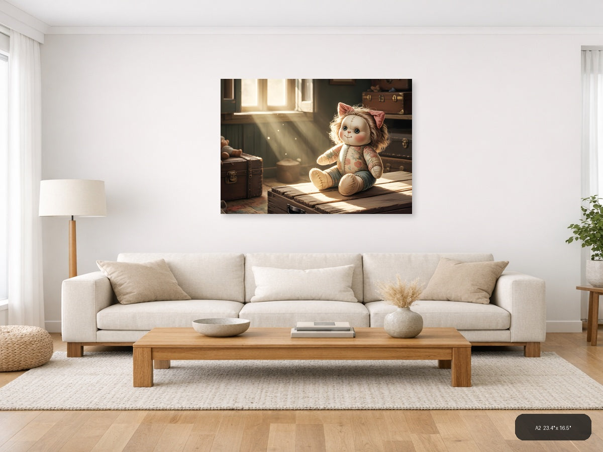 Vintage Stitched Doll in Sunlit Room Wall Art — A2 / Living Room