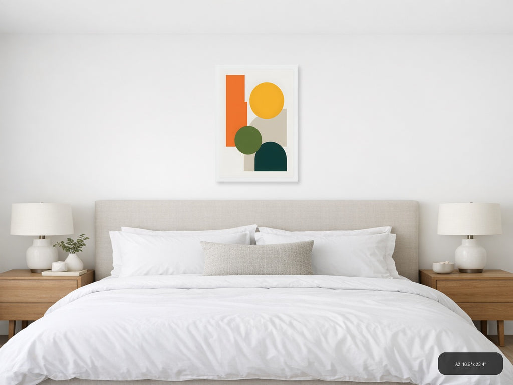 Minimalist Geometric Shapes in Orange, Yellow & Teal Wall Art — A2 / Bedroom