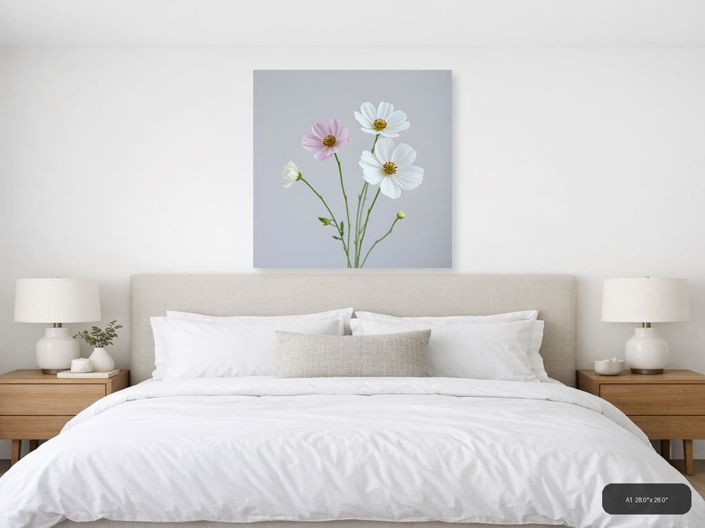 Minimalist Cosmos Flowers Pink White Wall Art — A1 / Bedroom