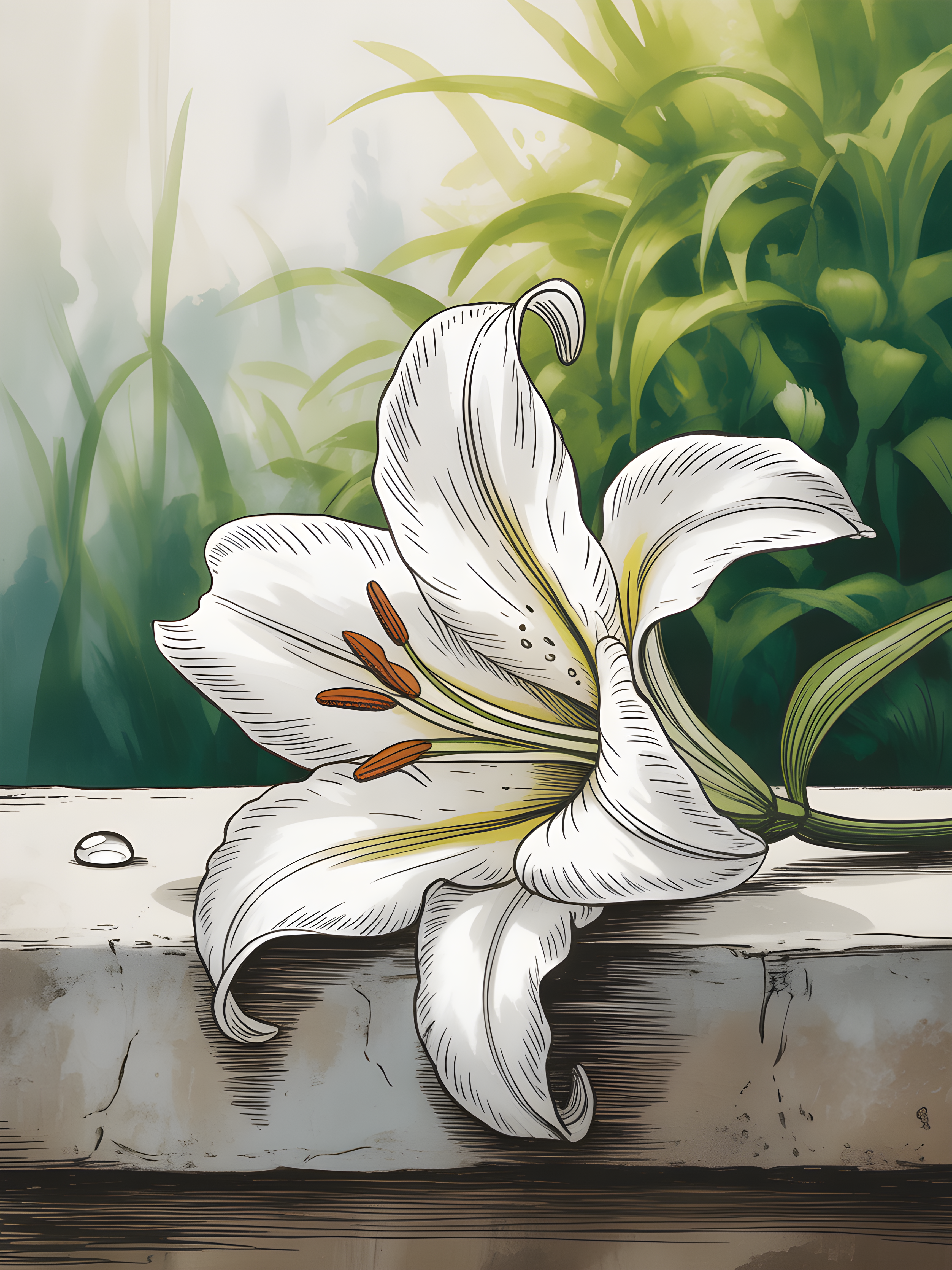 White Lily Line Art Botanical Drawing Wall Art