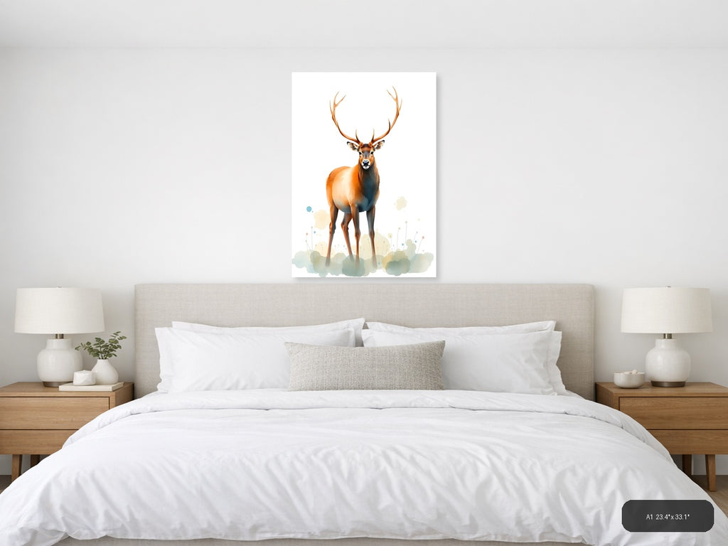 Majestic Deer with Antlers Watercolor Portrait Wall Art — A1 / Bedroom