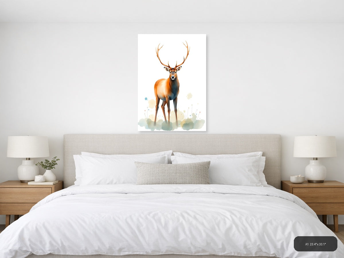 Majestic Deer with Antlers Watercolor Portrait Wall Art — A1 / Bedroom