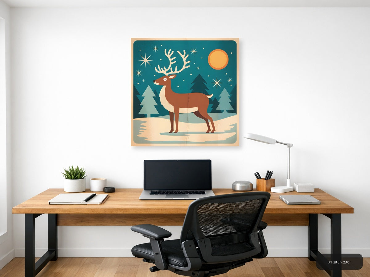 Vintage Reindeer Winter Night Sky Wall Art — A1 / Office