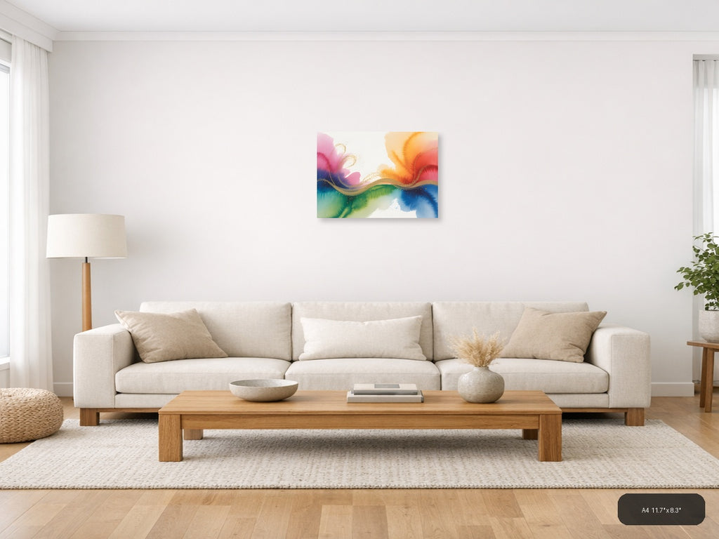 Colorful Watercolor Wave with Gold Accents Wall Art — A4 / Living Room
