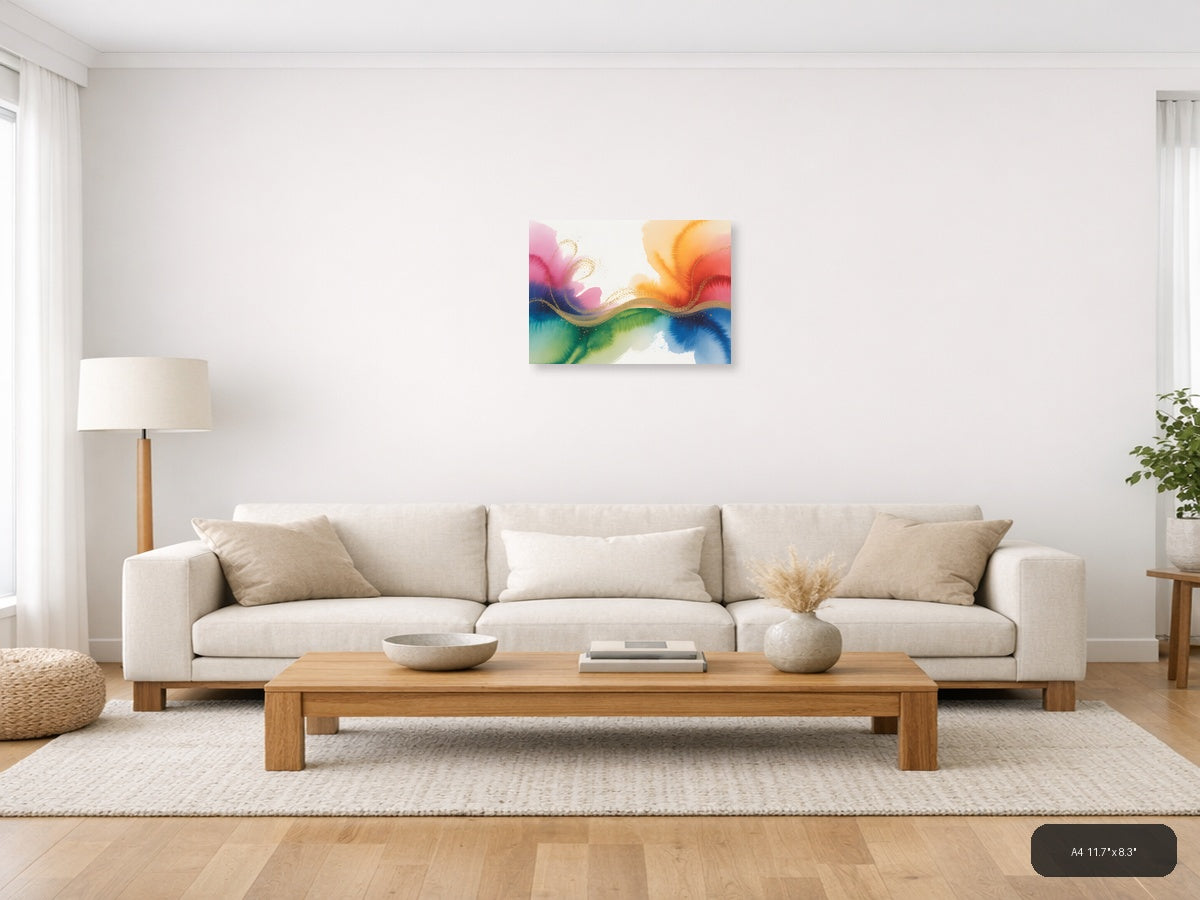 Colorful Watercolor Wave with Gold Accents Wall Art — A4 / Living Room