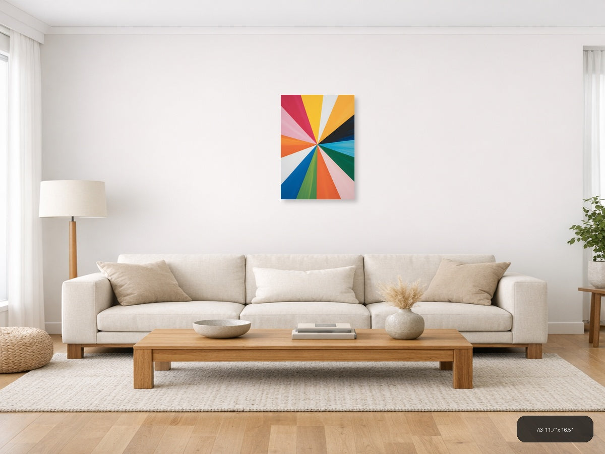 Colorful Radiant Sunburst Abstract Portrait Wall Art — A3 / Living Room