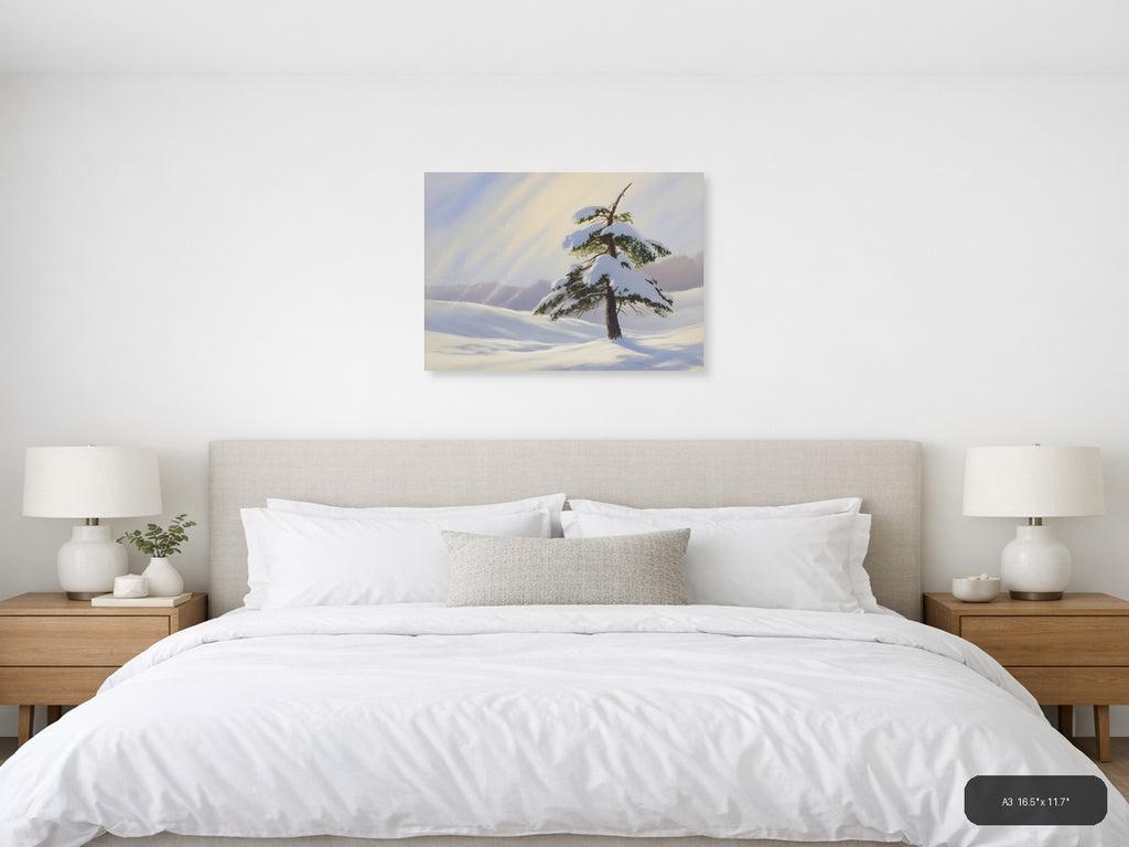 Snowy Pine Tree Winter Landscape Watercolor Wall Art — A3 / Bedroom