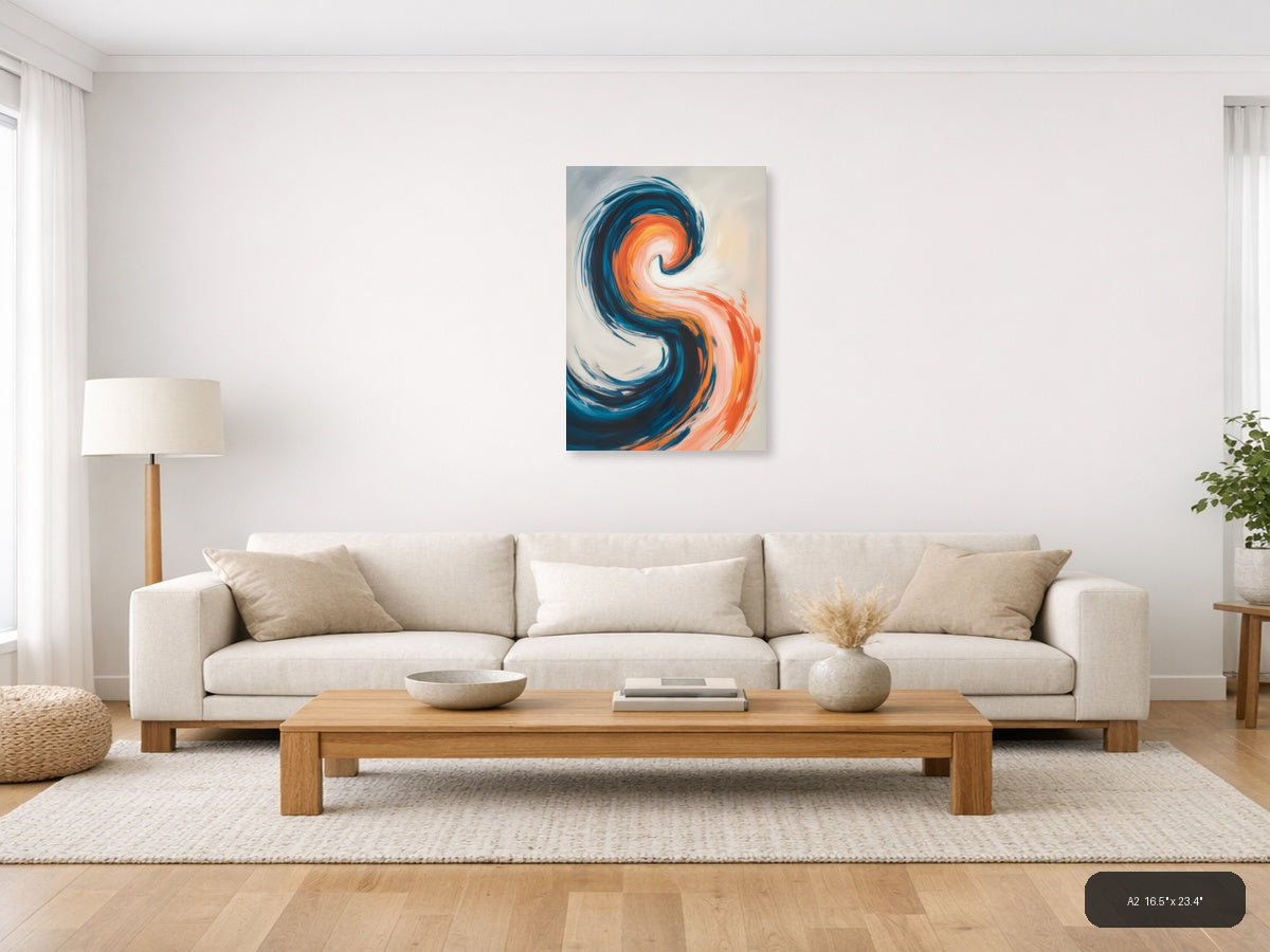 Blue and Orange Abstract Swirl Modern Wall Art — A2 / Living Room