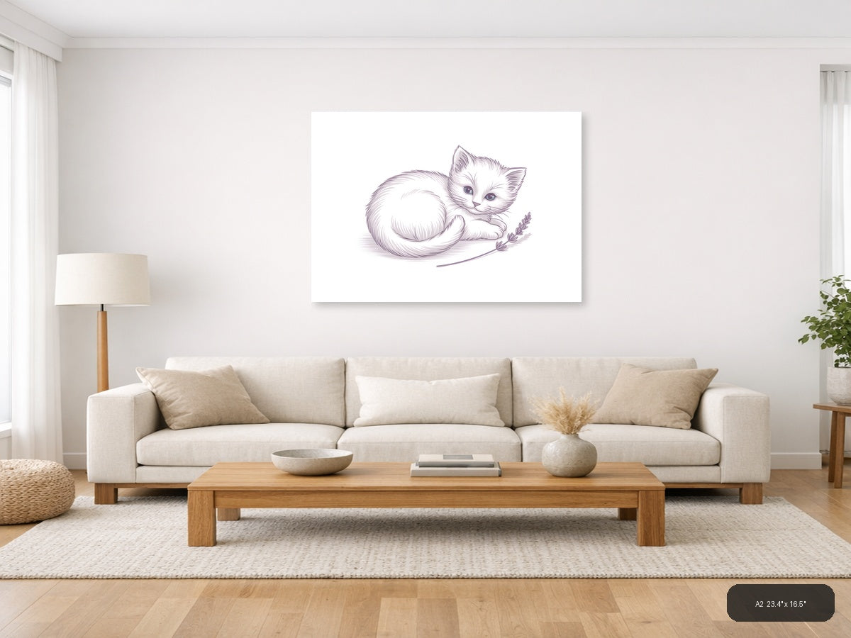 White Kitten with Lavender - Minimalist Wall Art — A2 / Living Room