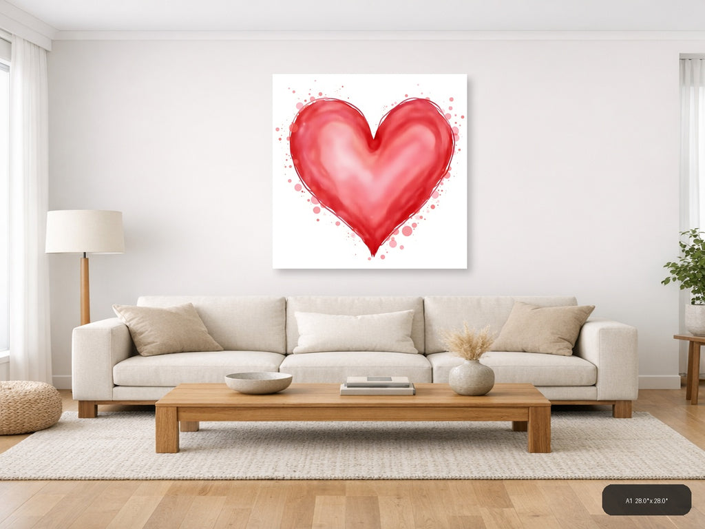 Red Watercolor Heart with Floating Particles Wall Art — A1 / Living Room