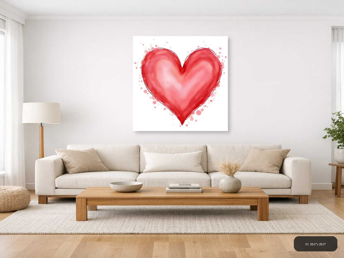 Red Watercolor Heart with Floating Particles Wall Art — A1 / Living Room