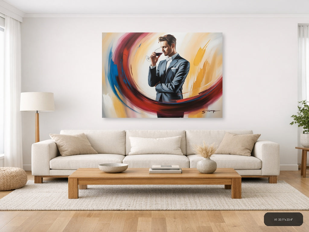 Elegant Man Wine Tasting Abstract Swirl Wall Art — A1 / Living Room