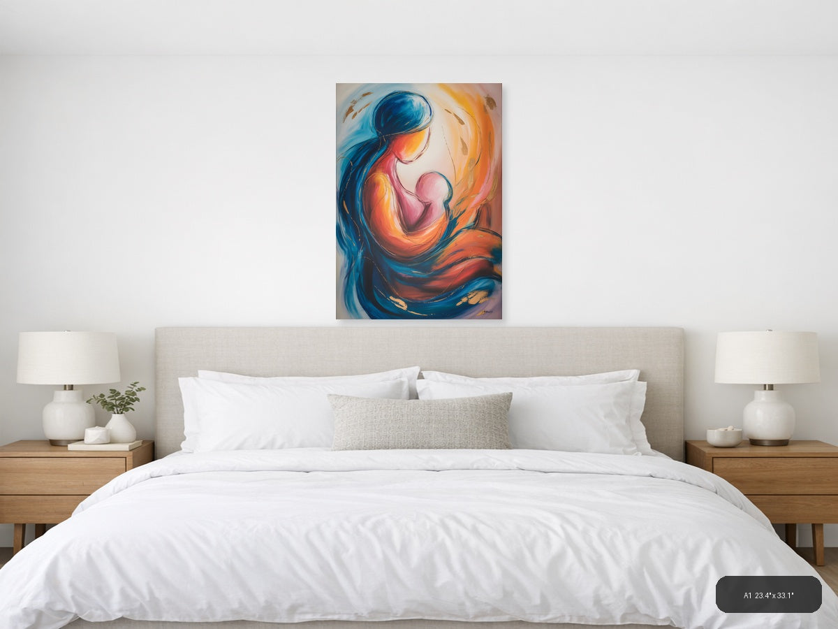Abstract Mother and Child Embrace Blue Orange Wall Art — A1 / Bedroom