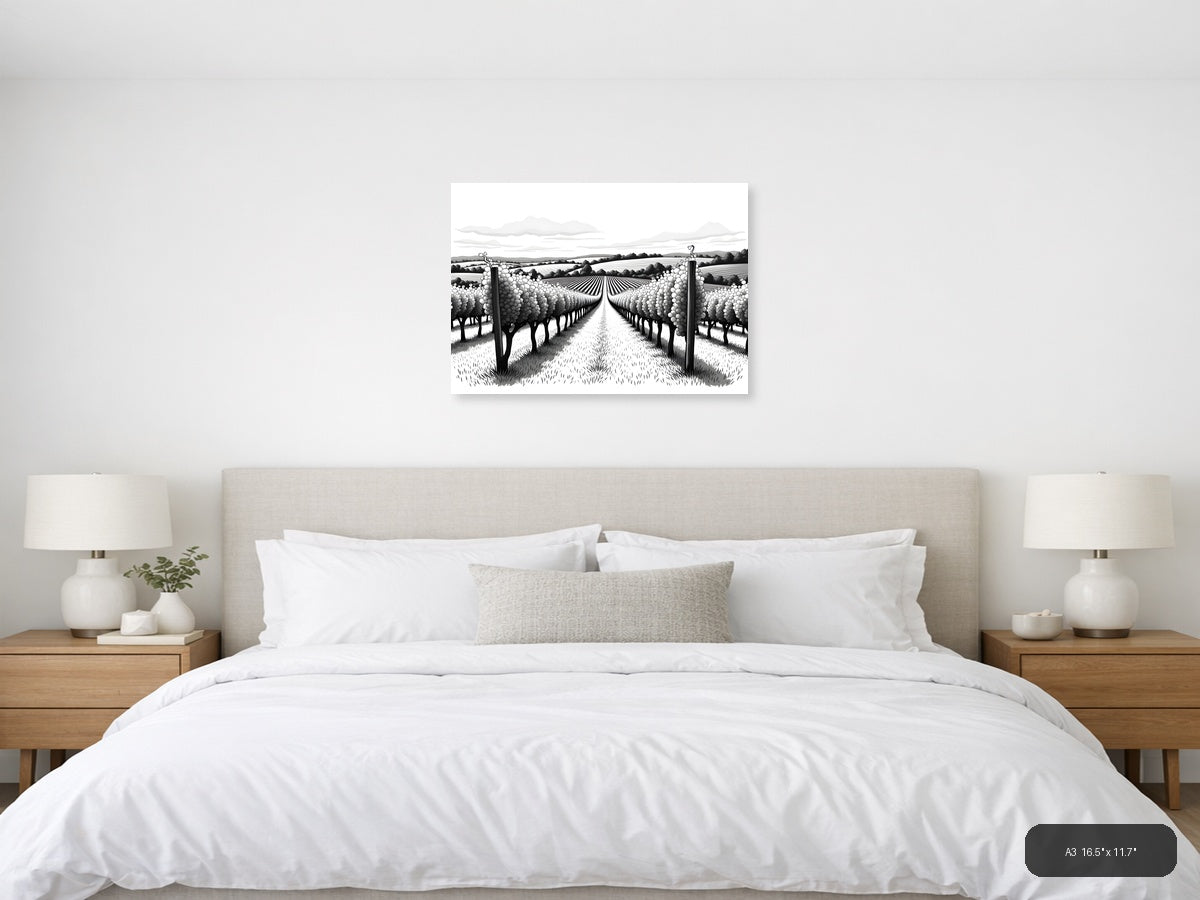 Vineyard Rows Line Art - Black & White Landscape Wall Art — A3 / Bedroom