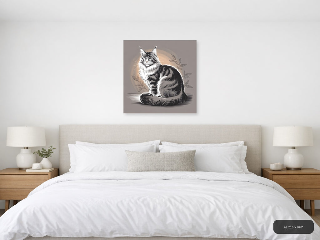 Maine Coon Cat Line Art Portrait Wall Art — A2 / Bedroom