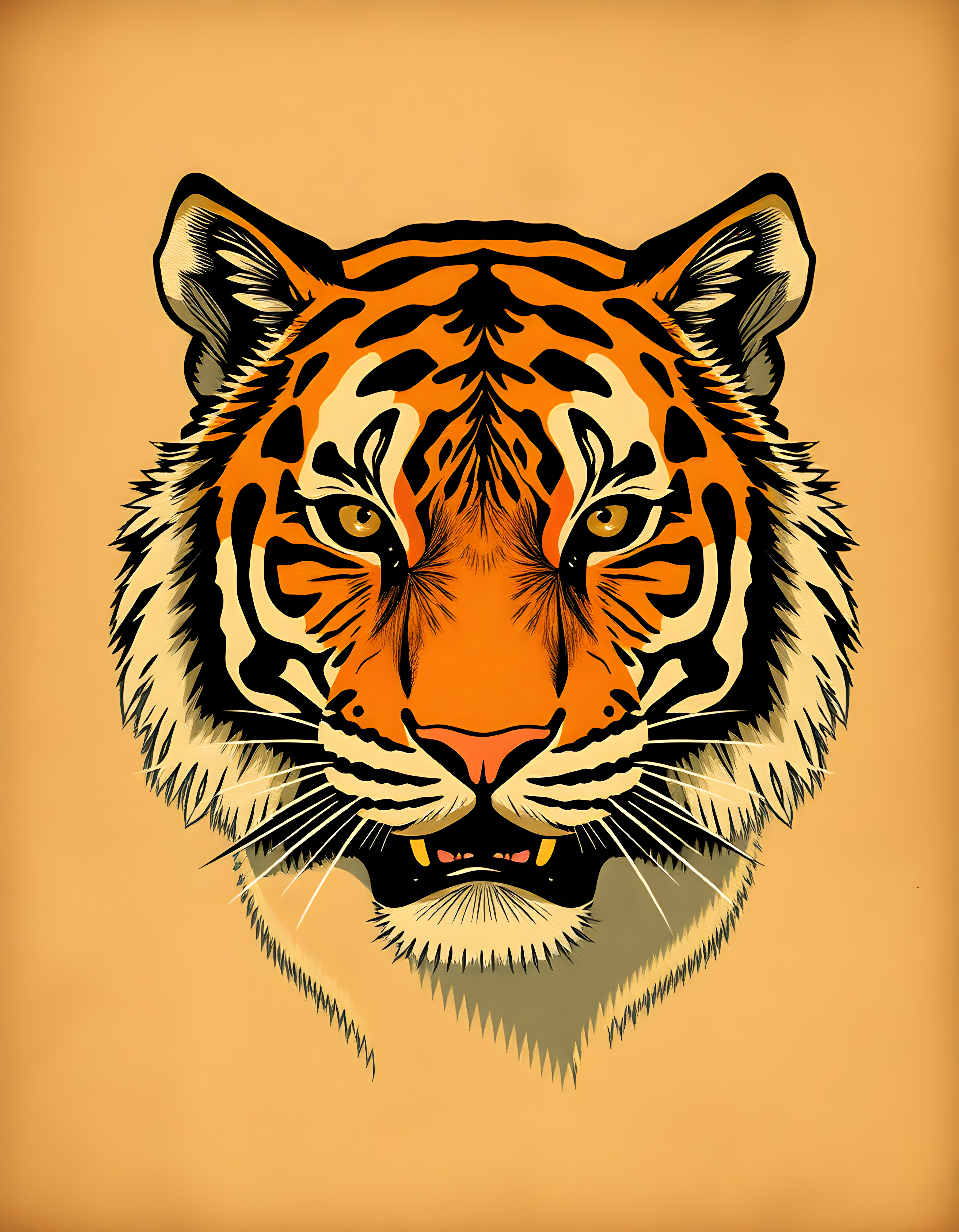 Vintage Tiger Head Portrait Orange Wall Art