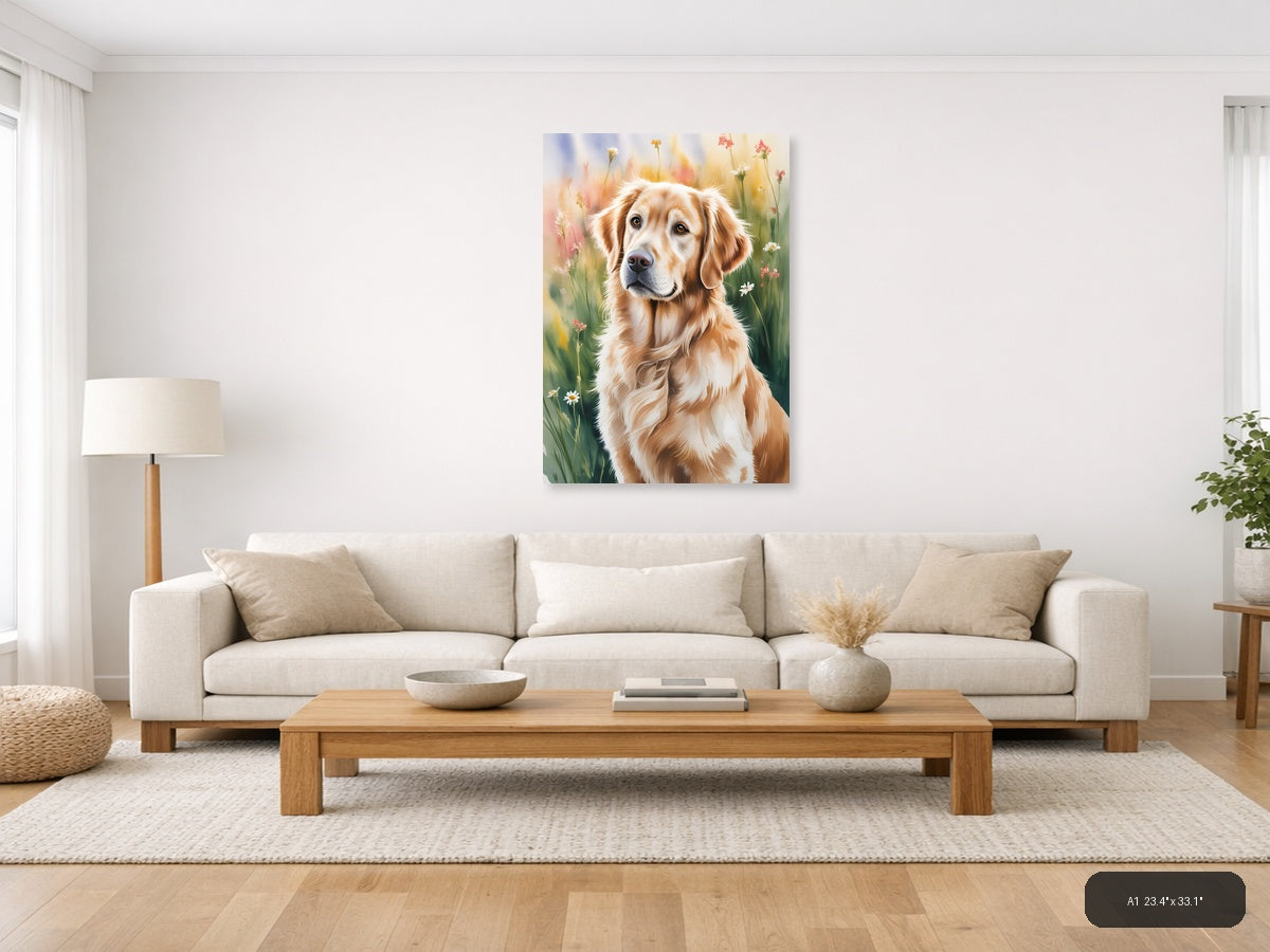 Golden Retriever in Wildflower Meadow Watercolor Wall Art — A1 / Living Room