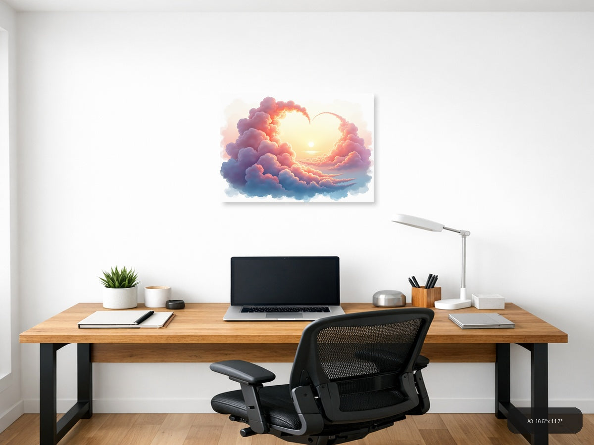 Sunset Heart Clouds Watercolor Landscape Wall Art — A3 / Office