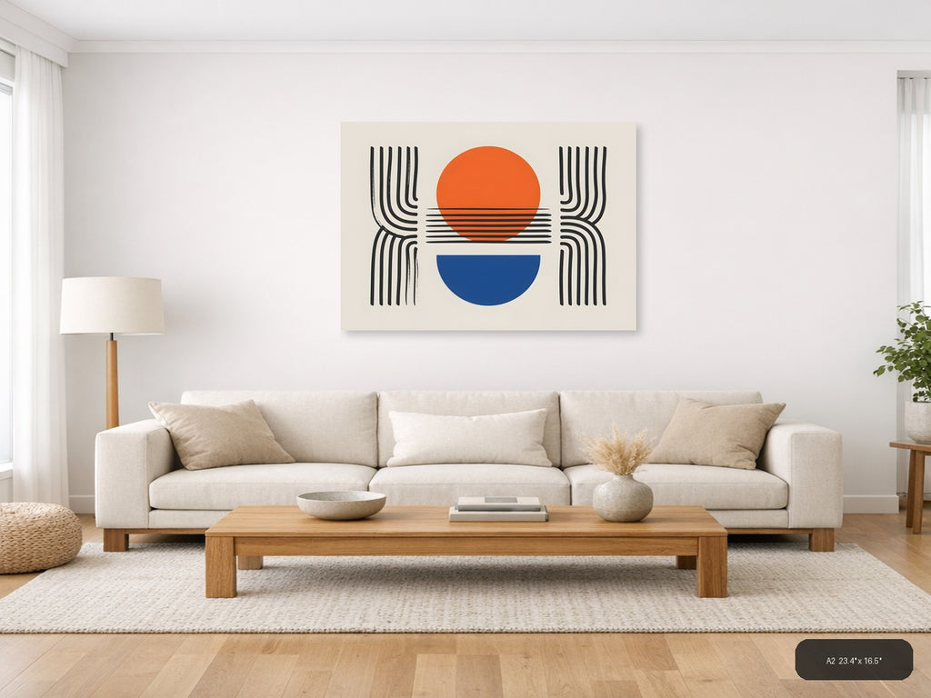 Minimalist Sunset Line Art with Geometric Shapes Wall Art — A2 / Living Room