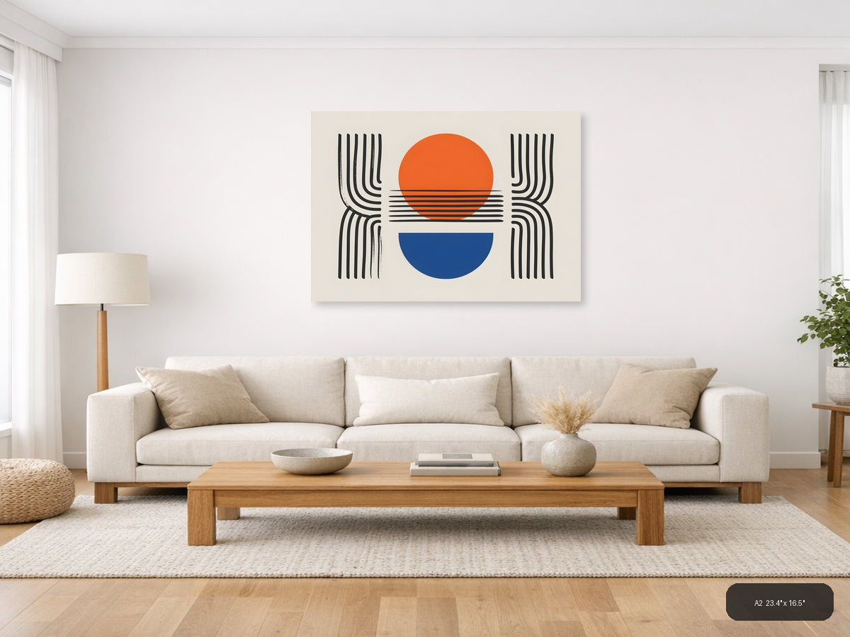 Minimalist Sunset Line Art with Geometric Shapes Wall Art — A2 / Living Room