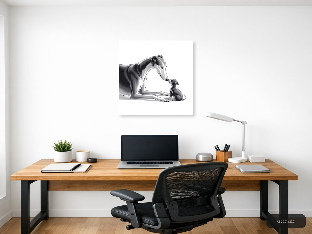 Large Dog and Puppy Minimalist Black White Wall Art — A2 / Office