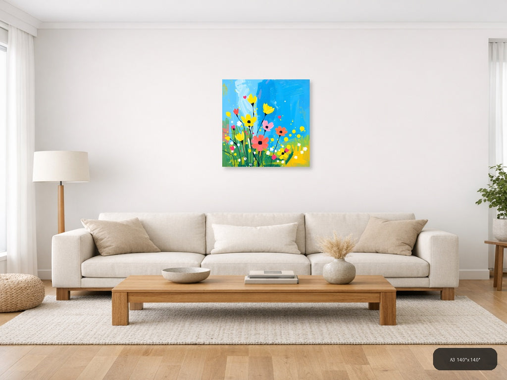 Colorful Abstract Wildflower Garden Blue Sky Wall Art — A3 / Living Room