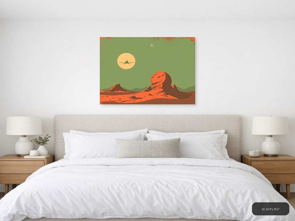 Vintage Mars Landscape Aircraft Silhouette Wall Art — A2 / Bedroom