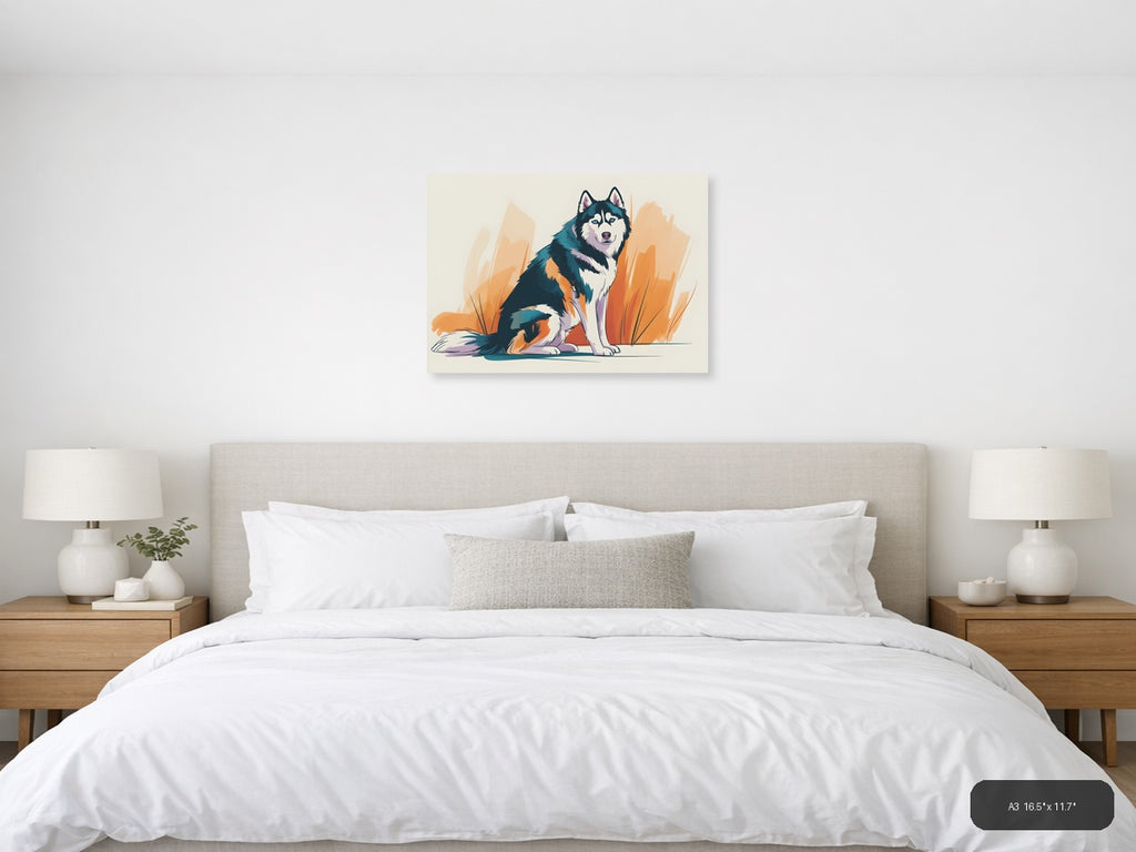 Abstract Husky Dog Portrait with Orange Brush Strokes Wall Art — A3 / Bedroom