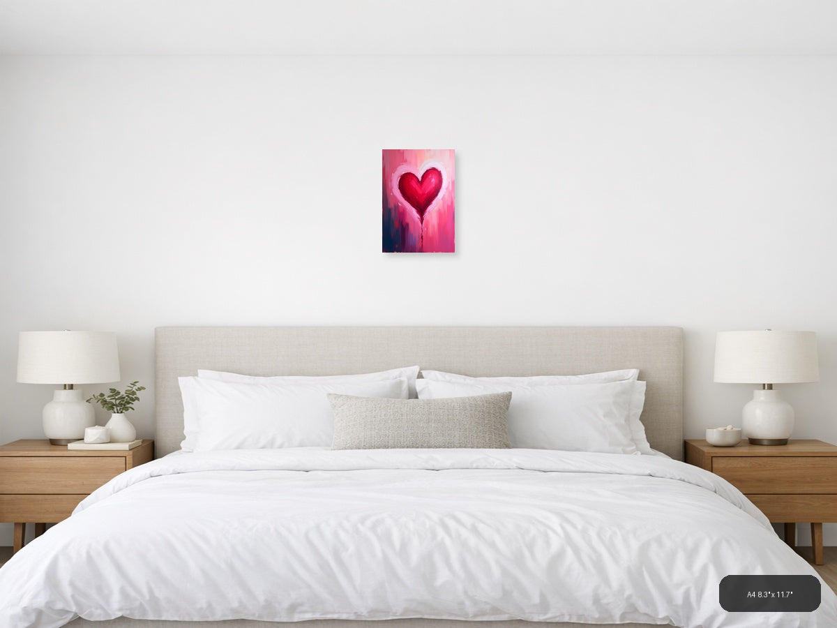 Red Heart Abstract Brushstroke Pink Wall Art — A4 / Bedroom