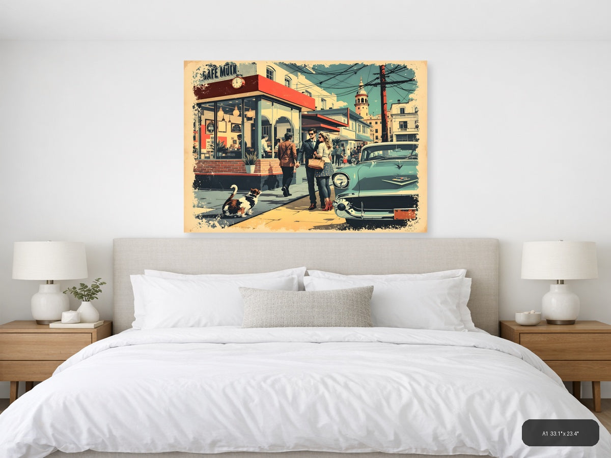 Vintage Café Street Scene with Retro Car Wall Art — A1 / Bedroom