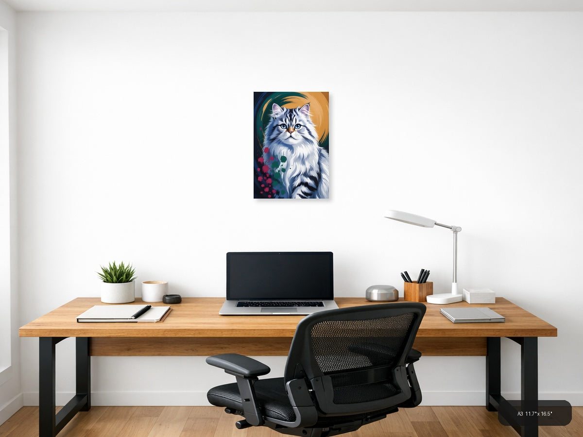 Blue-Eyed White Cat Abstract Portrait Wall Art — A3 / Office