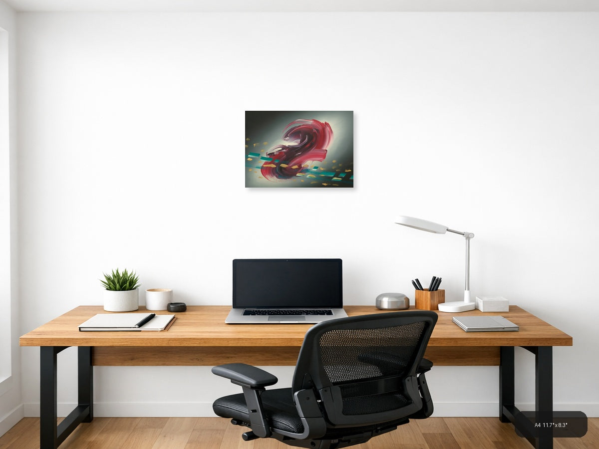 Red Abstract Swirl with Gold Accents Modern Wall Art — A4 / Office