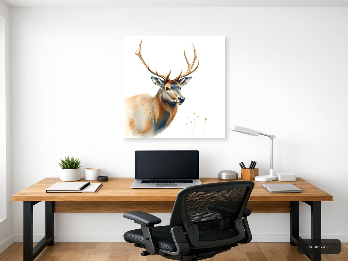 Majestic Deer with Antlers Watercolor Wall Art — A1 / Office