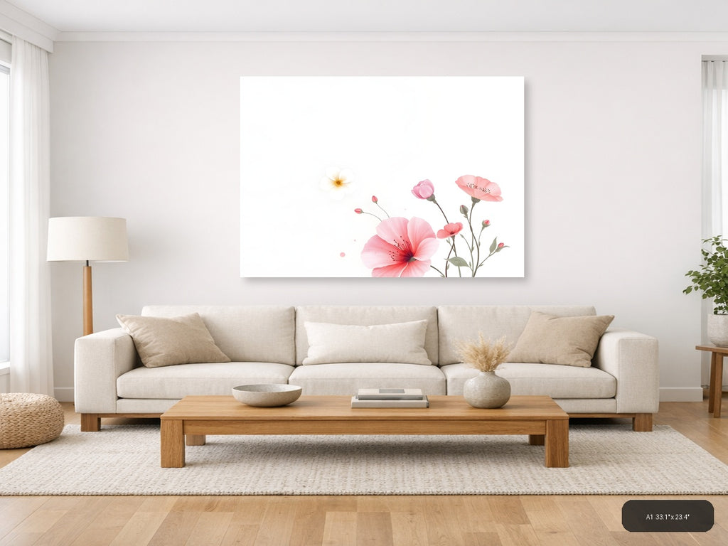 Pink Carnations & Sun Minimalist Floral Wall Art — A1 / Living Room