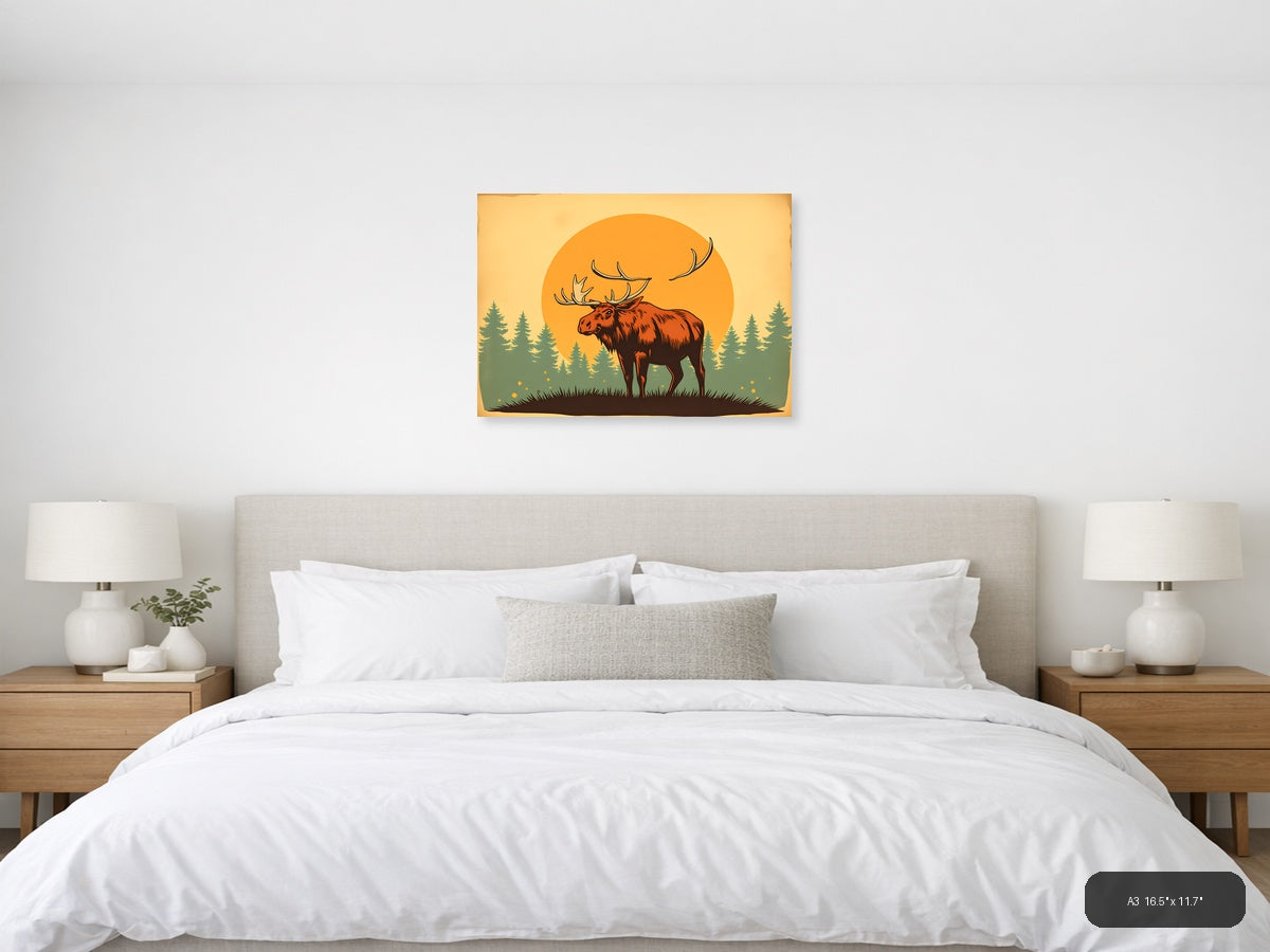 Vintage Moose Sunset Forest Silhouette Wall Art — A3 / Bedroom
