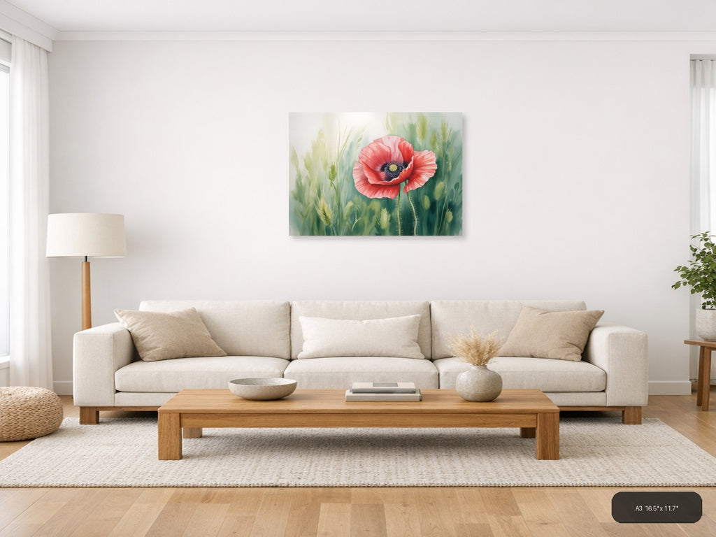Red Poppy Watercolor Flower with Wheat Field Wall Art — A3 / Living Room