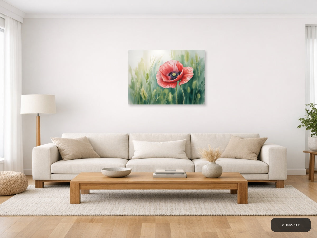 Red Poppy Watercolor Flower with Wheat Field Wall Art — A3 / Living Room