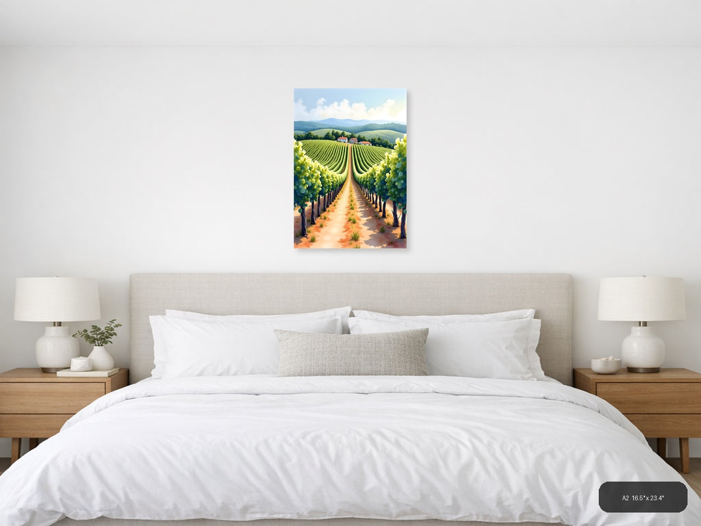 Tuscan Vineyard Landscape Watercolor Wall Art — A2 / Bedroom