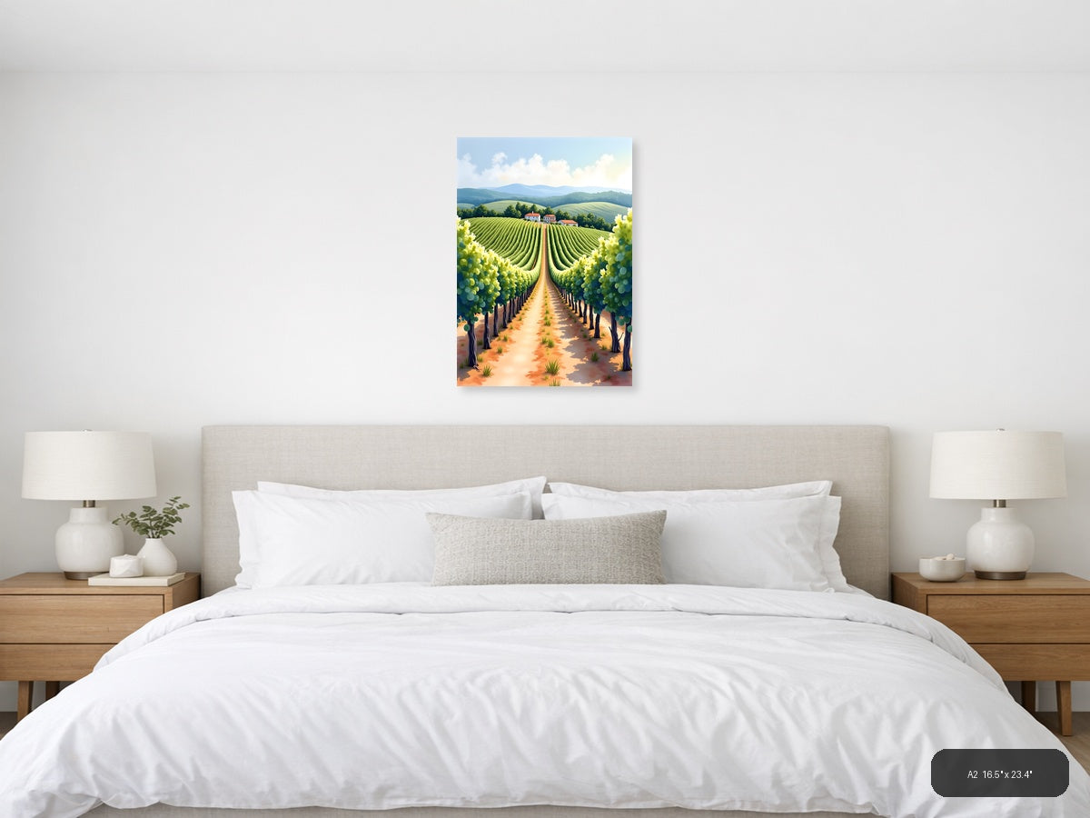 Tuscan Vineyard Landscape Watercolor Wall Art — A2 / Bedroom
