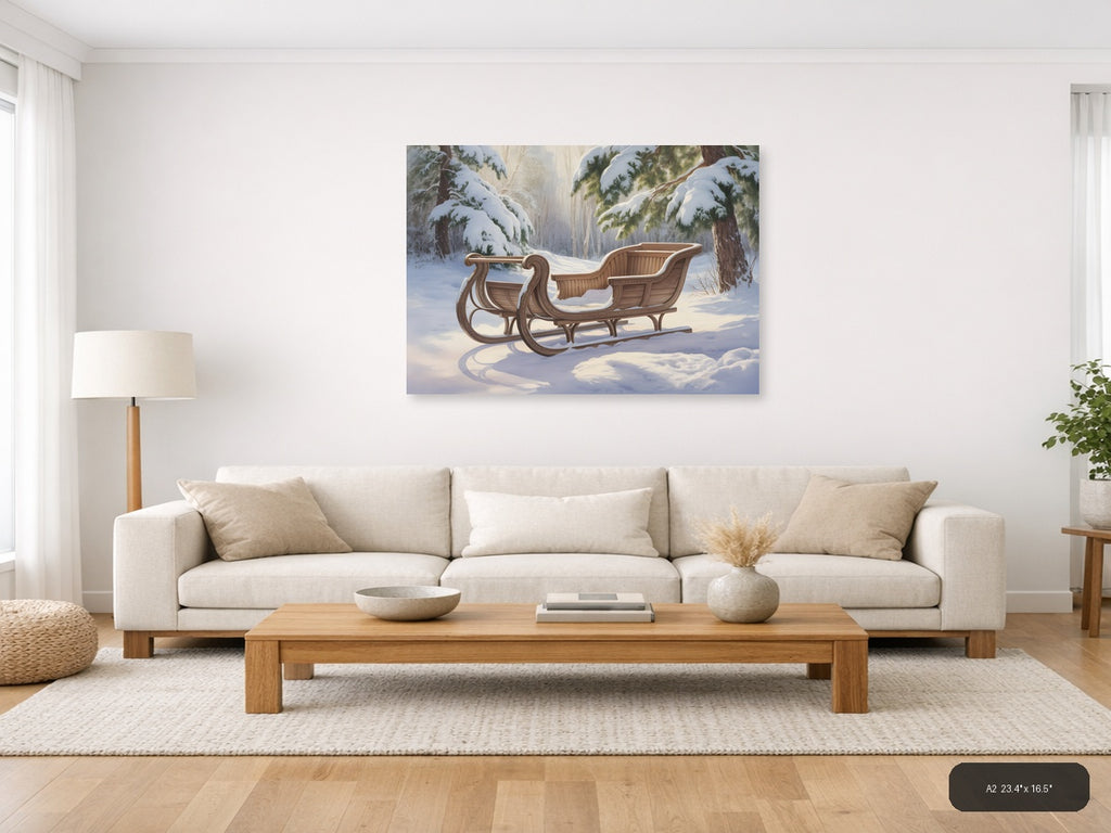 Wooden Sleigh in Snowy Forest Watercolor Wall Art — A2 / Living Room