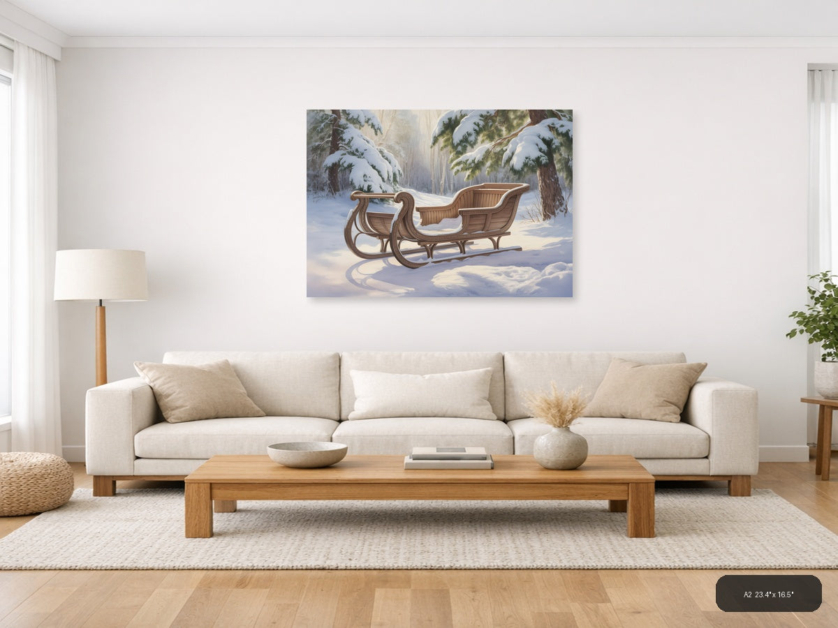 Wooden Sleigh in Snowy Forest Watercolor Wall Art — A2 / Living Room
