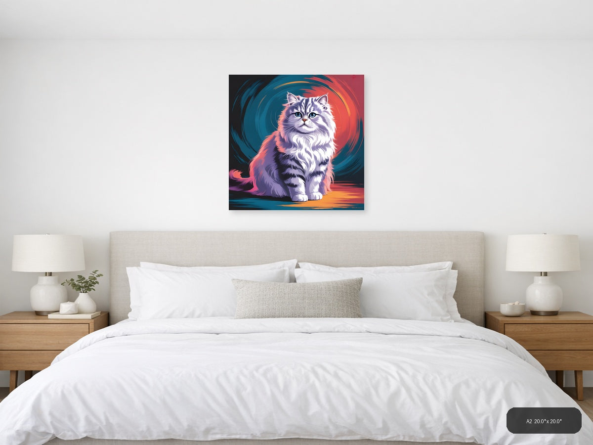 Fluffy Cat Abstract Portrait with Neon Colors Wall Art — A2 / Bedroom