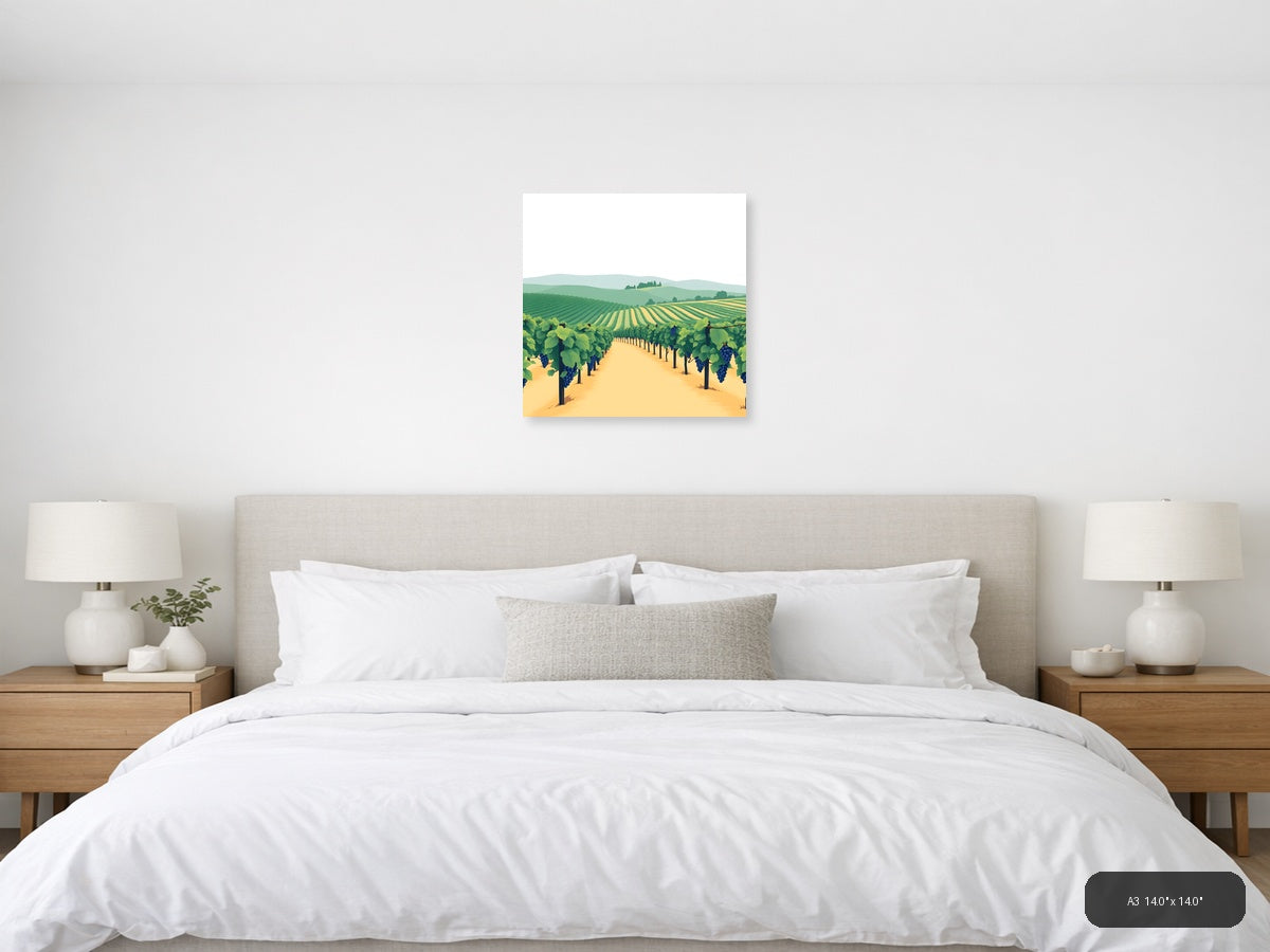 Minimalist Vineyard Landscape with Blue Grapes Wall Art — A3 / Bedroom