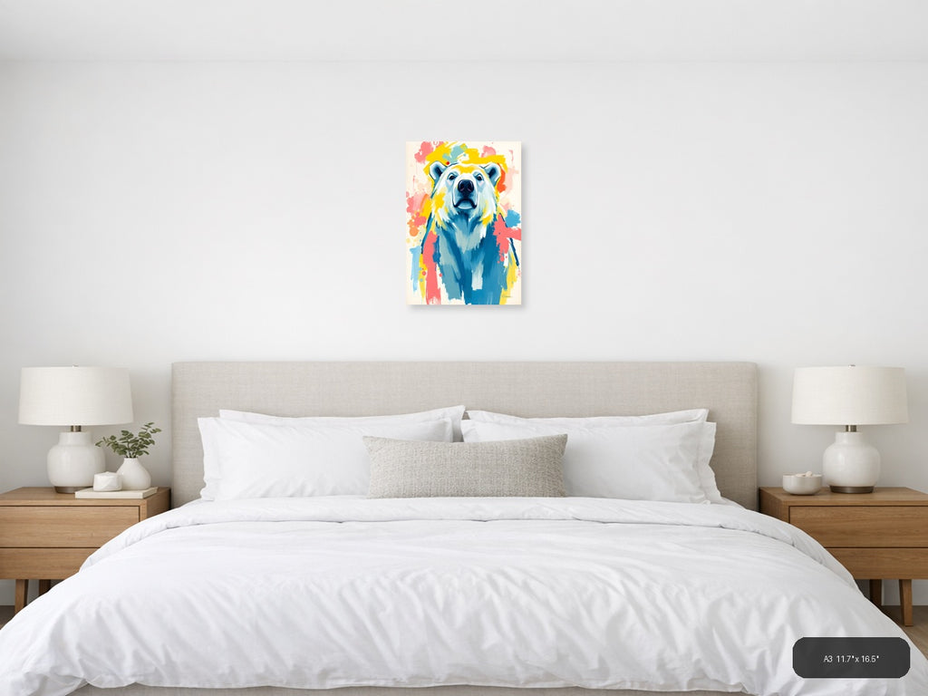 Abstract Polar Bear Portrait Colorful Splatter Wall Art — A3 / Bedroom