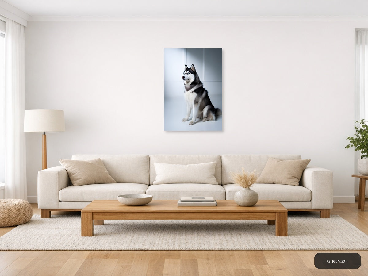 Black and White Husky Portrait Minimalist Wall Art — A2 / Living Room